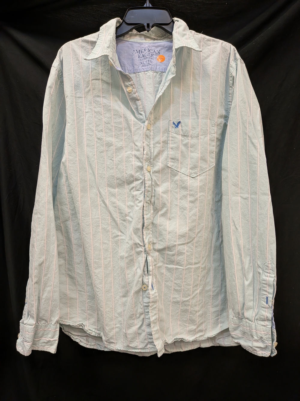 American Eagle Outfitters Pale Blue Button-Down with White & Pink Stripes